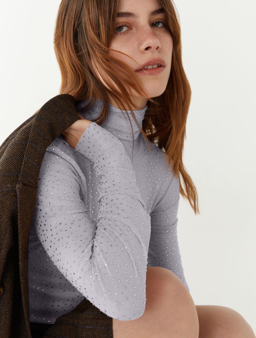 Tulle polo-neck sweater - LIGHT GREY - iBlues