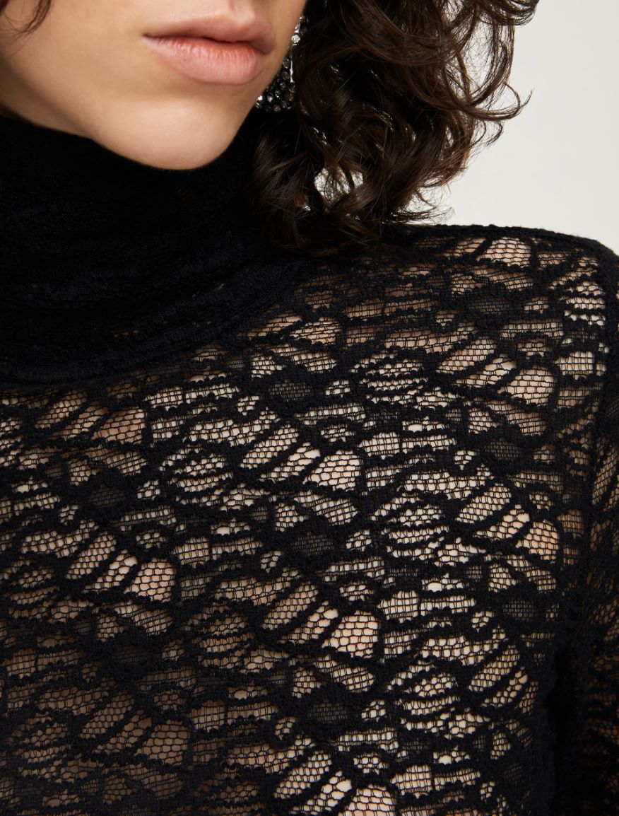 Lace polo-neck sweater - BLACK - Iblues - 3