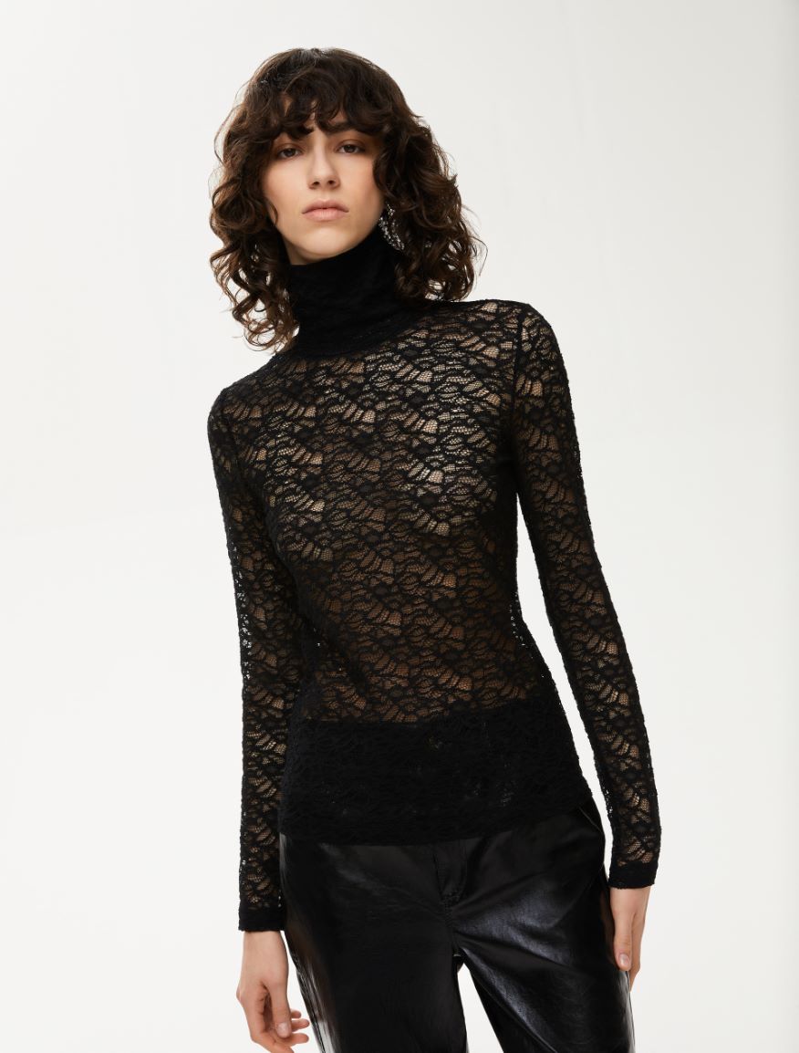 Lace polo-neck sweater - BLACK - Iblues - 4