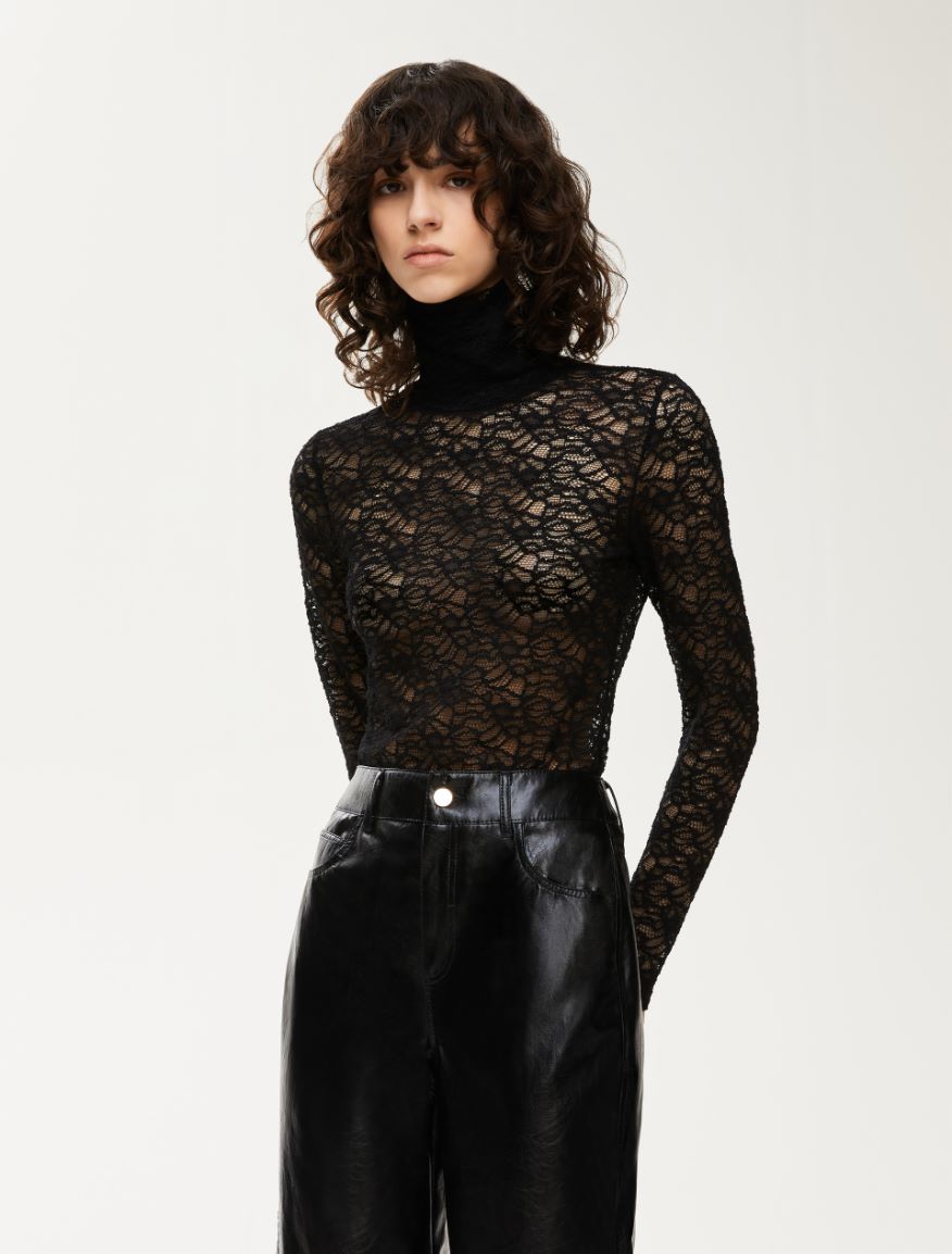Lace polo-neck sweater - BLACK - Iblues