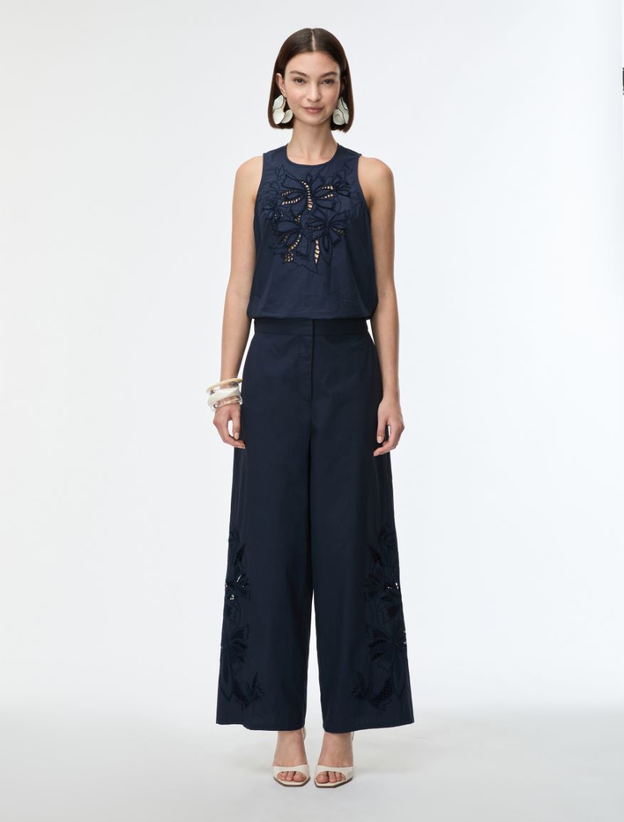 Embroidered cotton trousers - NAVY - Iblues - 4