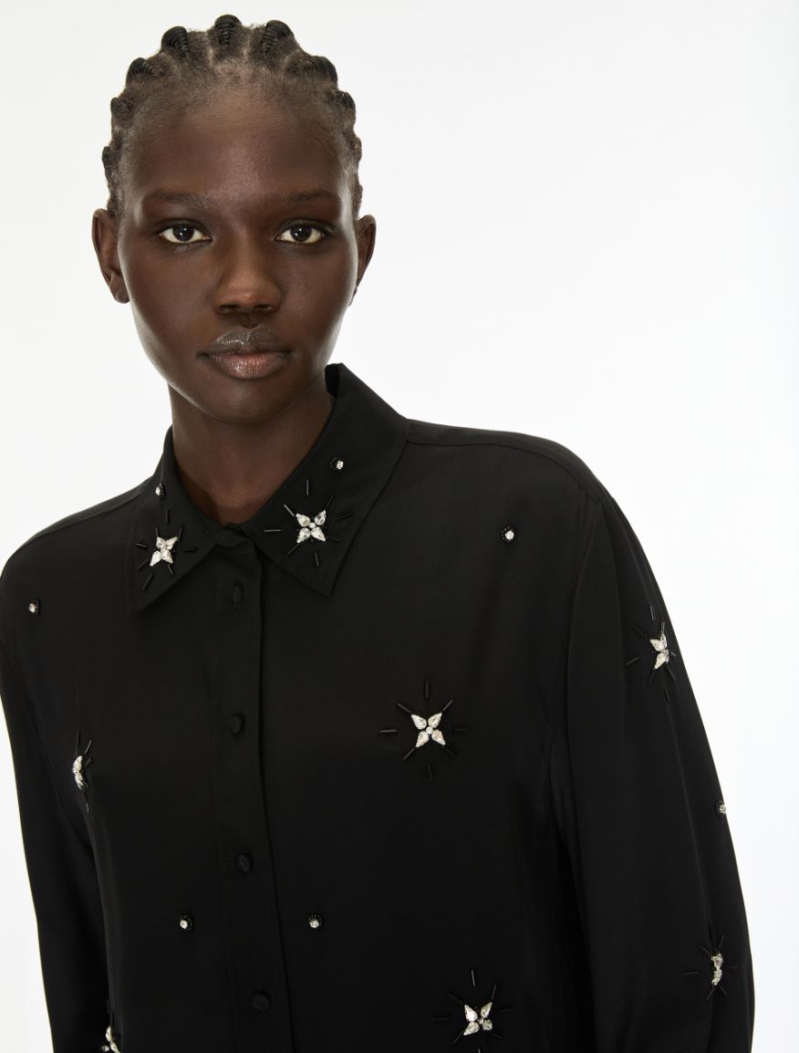 Rhinestone-embellished silk-blend shirt - BLACK - iBlues - 3