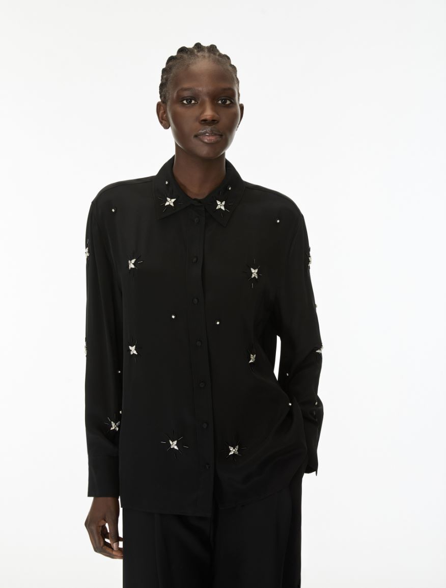 Rhinestone-embellished silk-blend shirt - BLACK - iBlues - 4