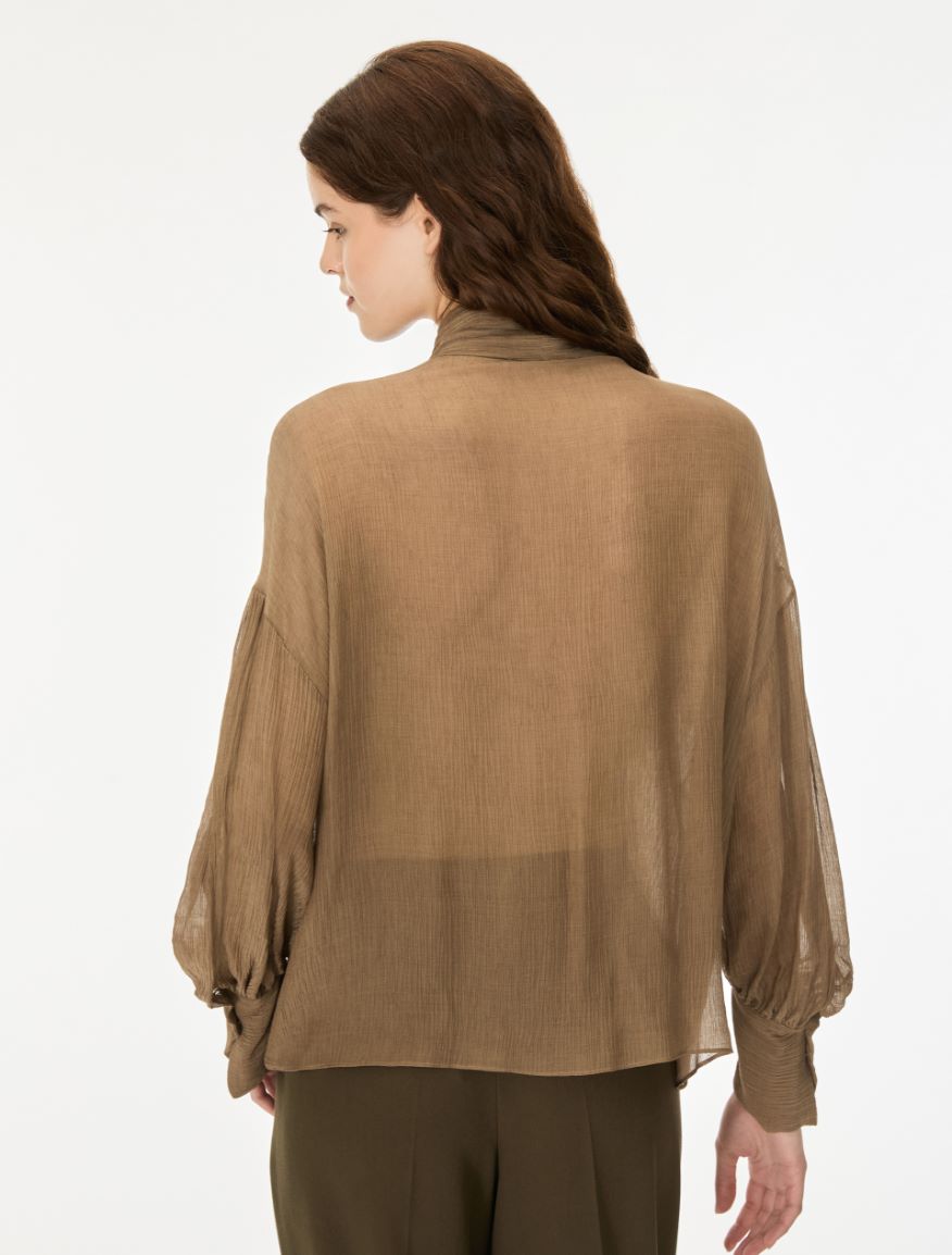 Silk-blend pussy-bow shirt - KAKI - iBlues - 2