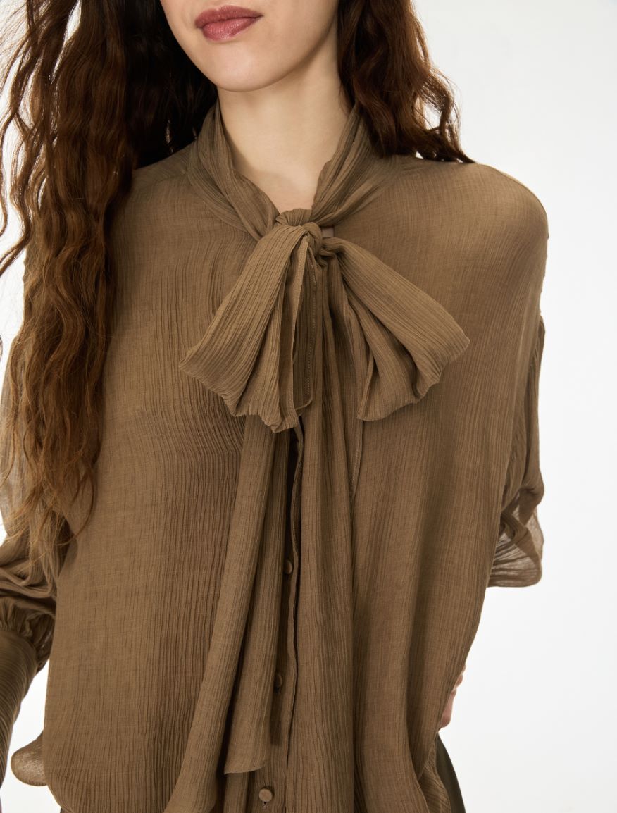 Silk-blend pussy-bow shirt - KAKI - iBlues - 3