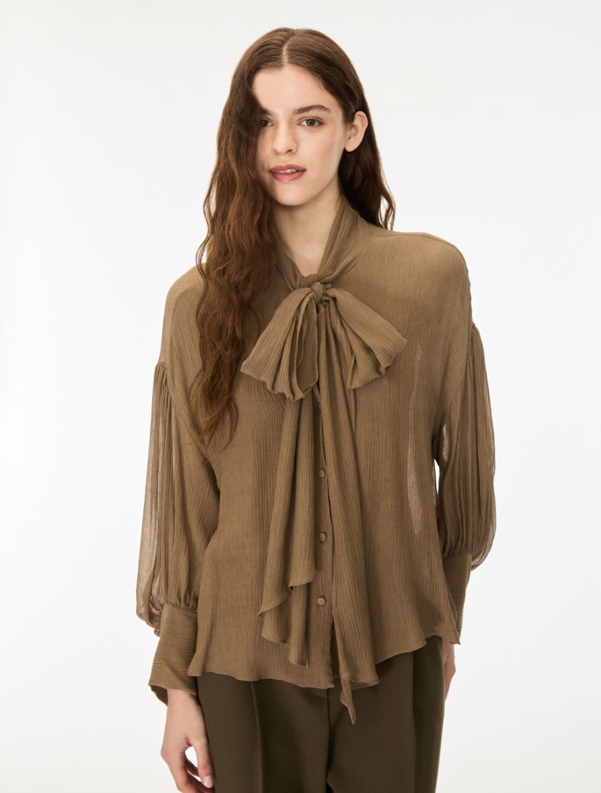 Silk-blend pussy-bow shirt - KAKI - iBlues - 4