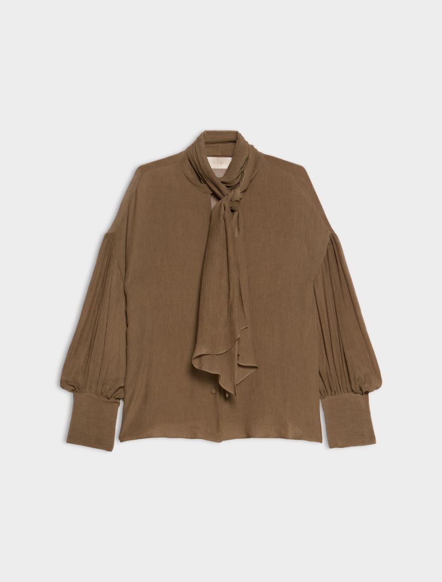 Silk-blend pussy-bow shirt - KAKI - iBlues - 5
