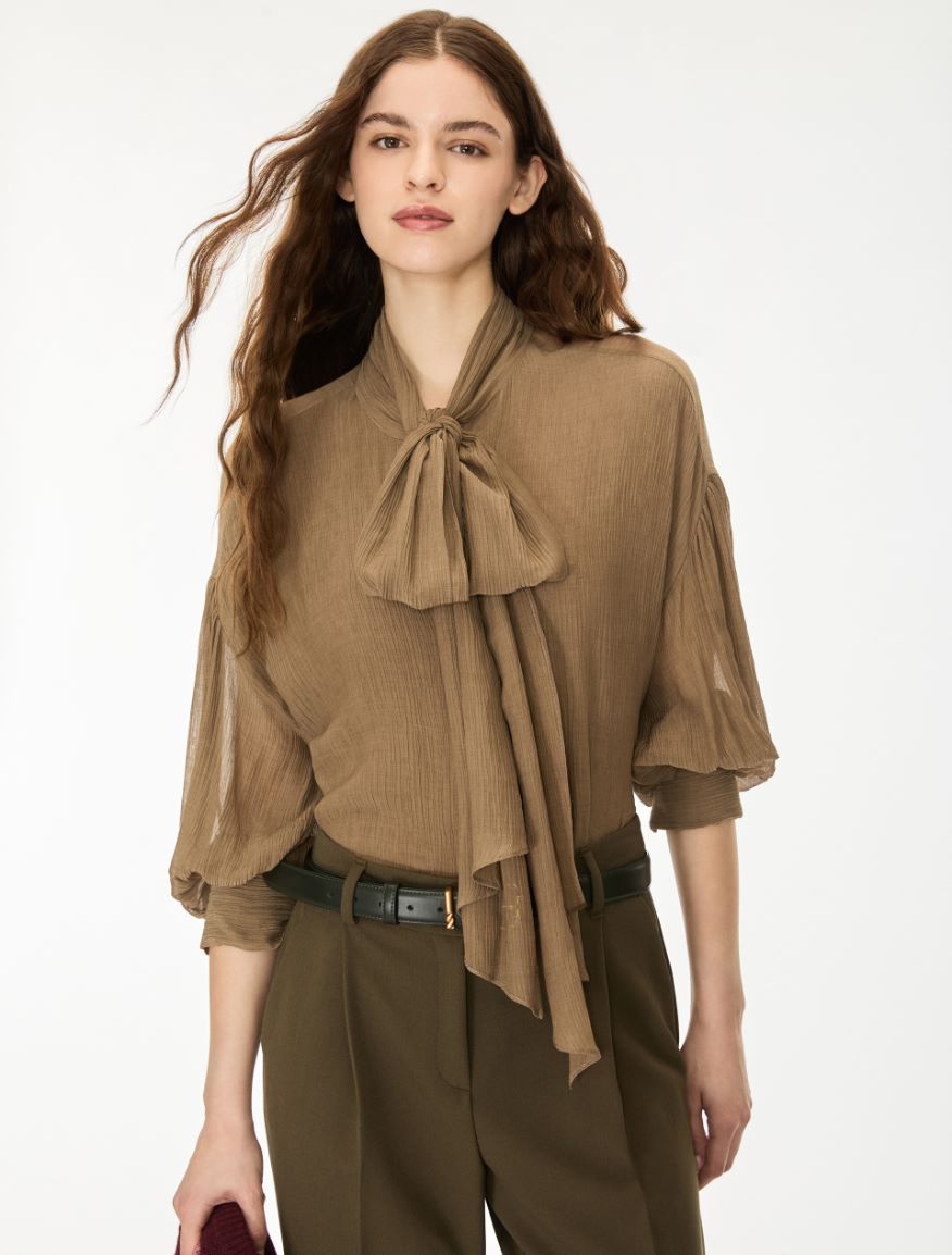 Silk-blend pussy-bow shirt - KAKI - iBlues
