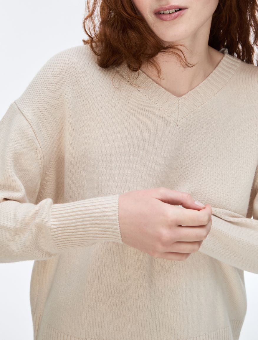 Wool and cashmere-blend V-neck jumper - CREAM - iBlues - 3