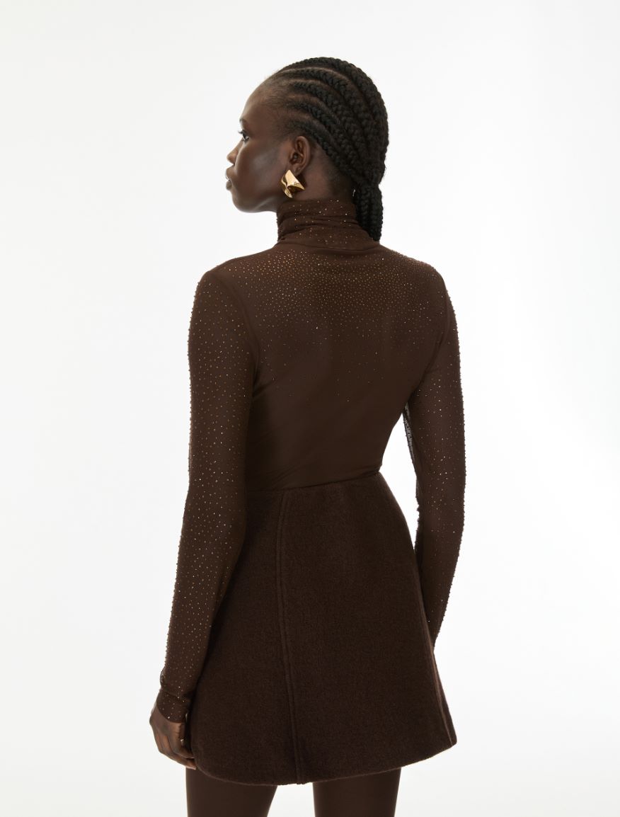 Rhinestone-embellished mock polo neck top - CHOCOLATE - iBlues - 2