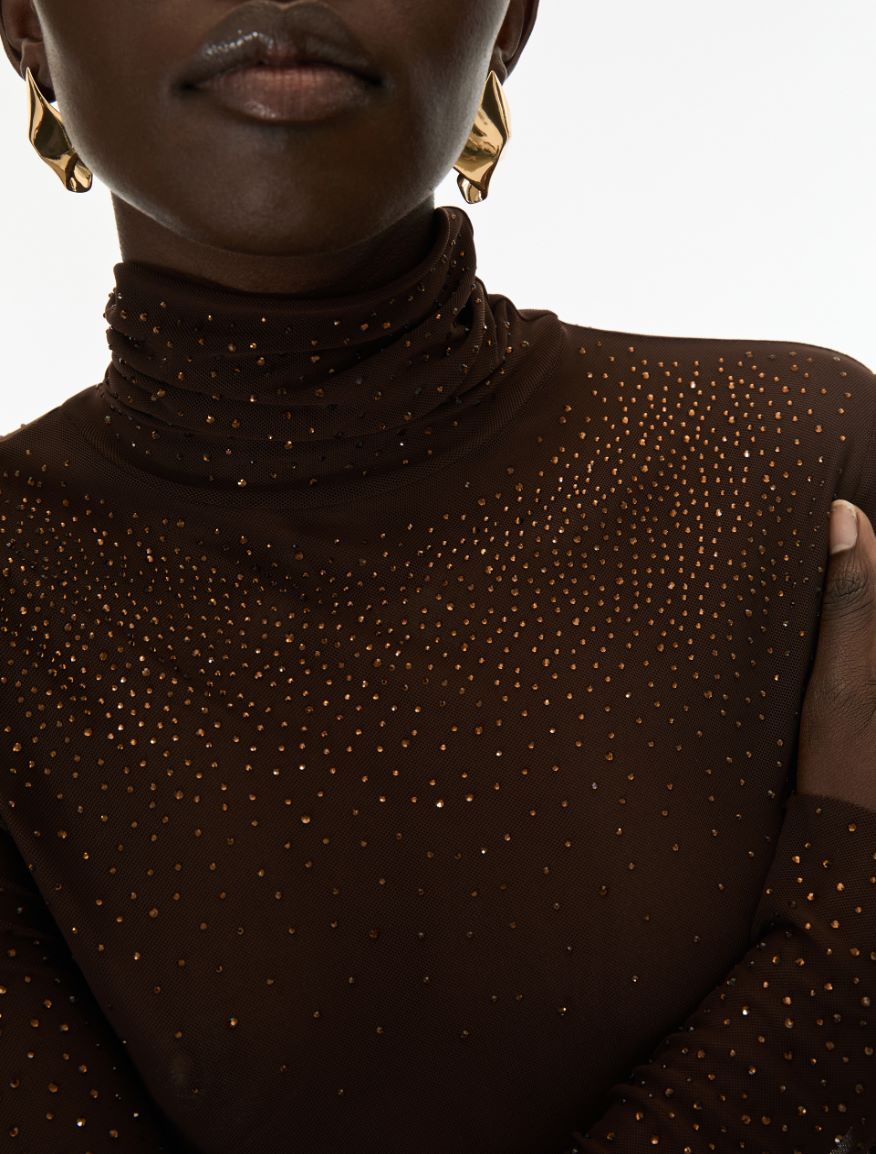 Rhinestone-embellished mock polo neck top - CHOCOLATE - iBlues - 3