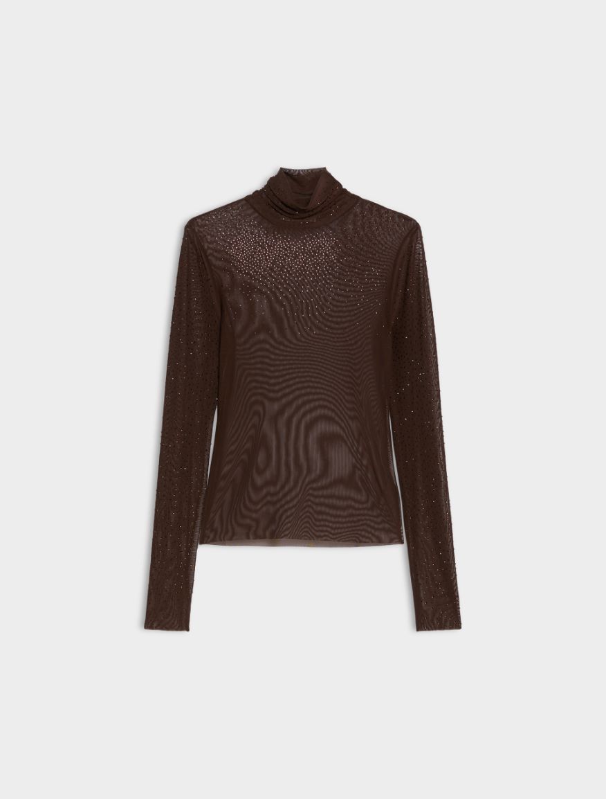 Rhinestone-embellished mock polo neck top - CHOCOLATE - iBlues - 5