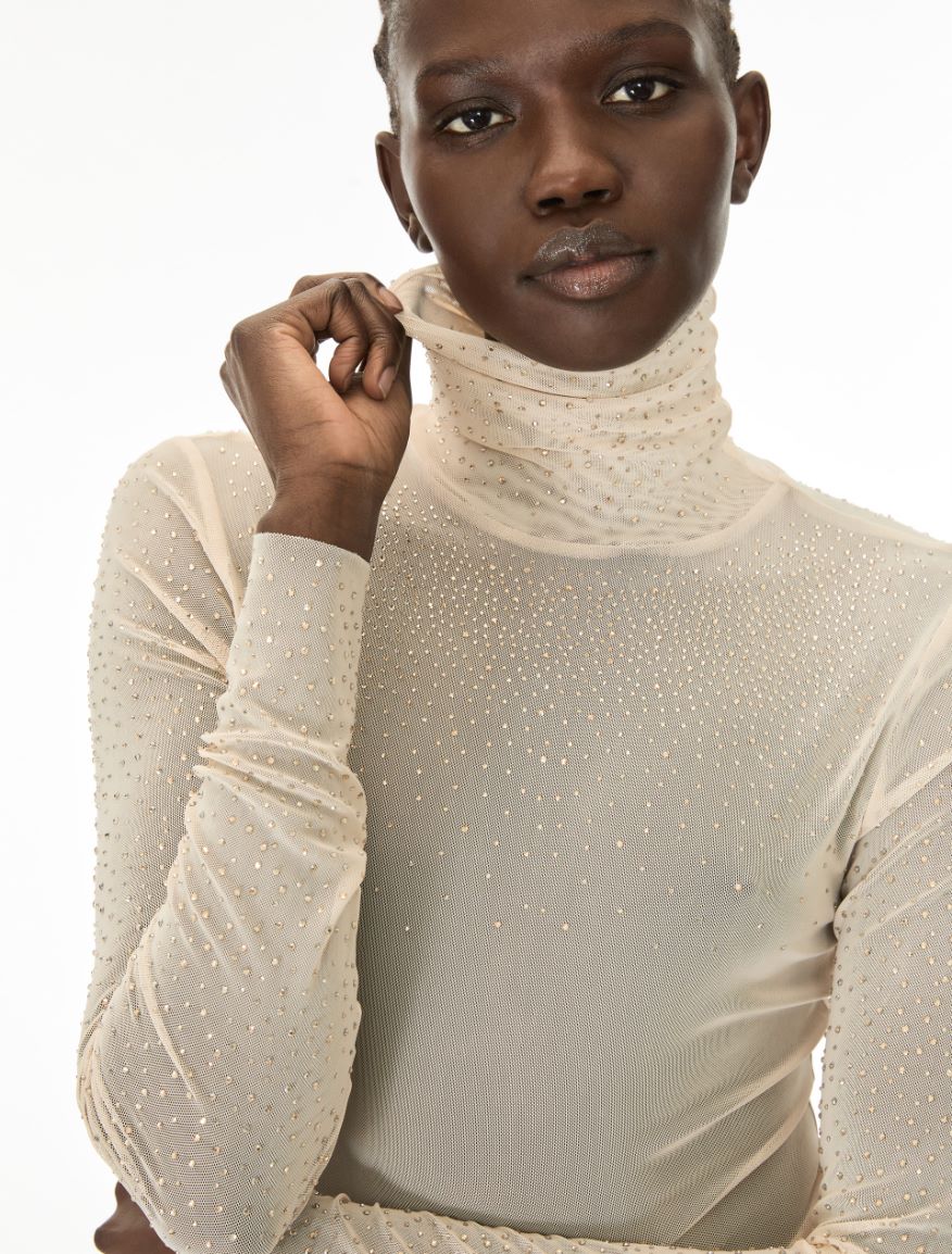 Rhinestone-embellished mock polo neck top - IVORY - iBlues - 3
