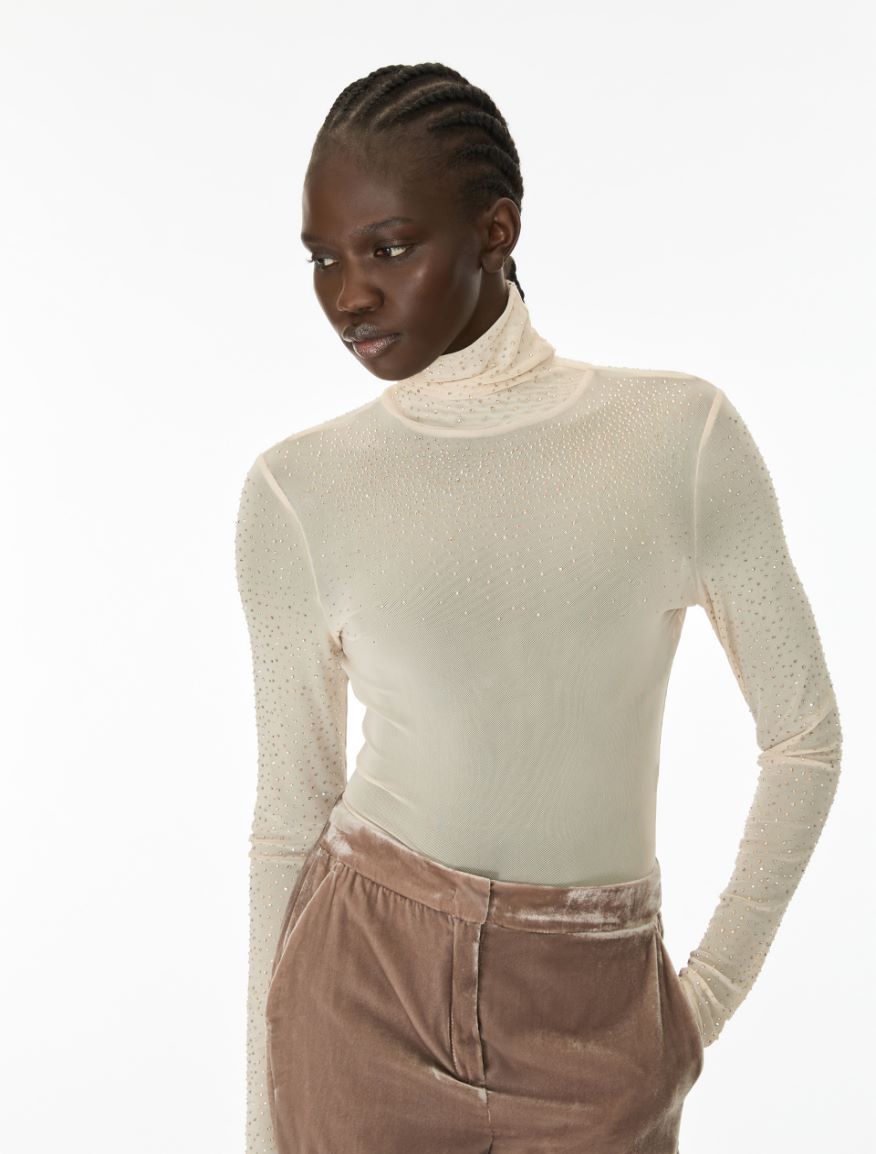 Rhinestone-embellished mock polo neck top - IVORY - iBlues