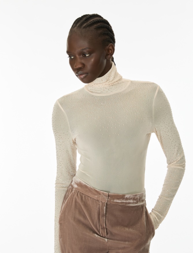 Rhinestone-embellished mock polo neck top - iBlues
