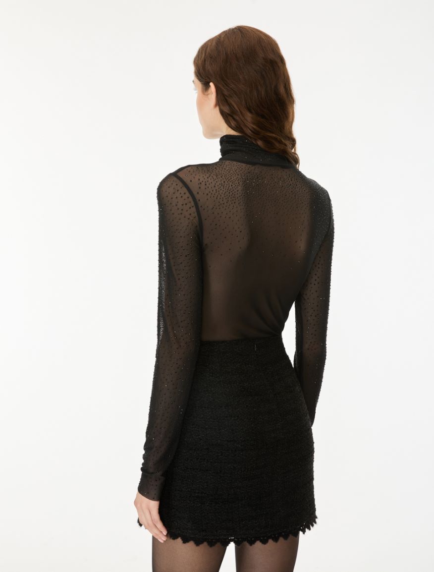 Rhinestone-embellished mock polo neck top - BLACK - iBlues - 2